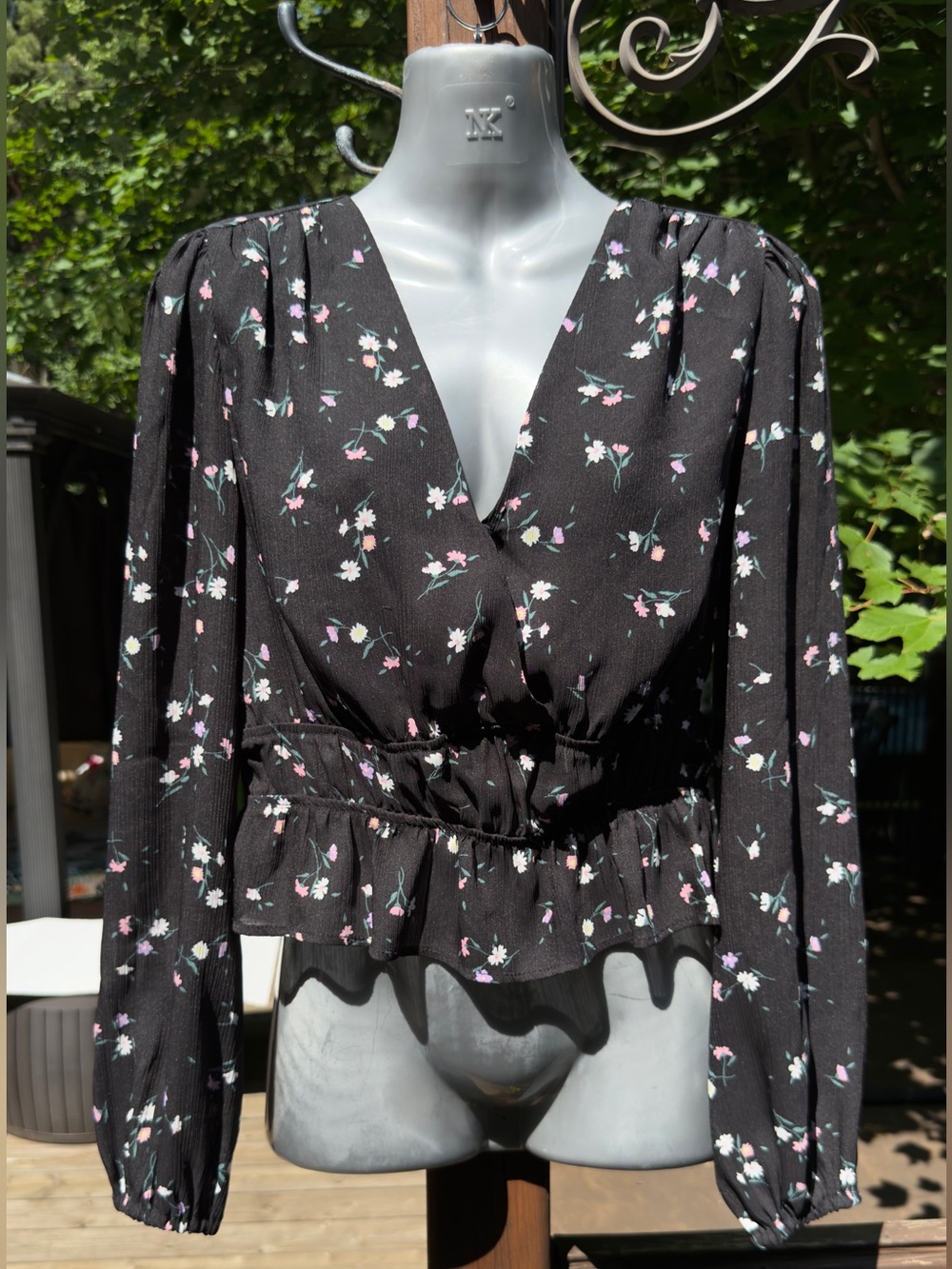 Dynamite Black Floral Wrap Peplum Blouse Long Sleeve | Size P/S - Picture 3 of 9